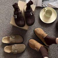 Zapatillas divididas para mujer, Sandalias planas de moda para exteriores con suela gruesa y cálida de piel de invierno, zuecos informales tipo mula, zapatos tabi para mujer - details 5