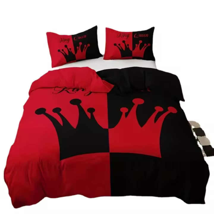 Juego de 3 piezas de cobertores de edredón, juego de ropa de cama con patrón de corona negra y roja, funda de edredón suave - 1