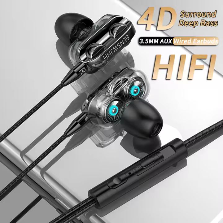 4D Dual Drive Hifi Heavy Bass Music Wired Earphones 3.5MM AUX Stereo In-Ear With Mic Earbuds Sports Running Gaming Headsets - 1