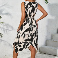 Falda media falda larga sin mangas con estampado de hojas, vestido irregular de giro, sentido del diseño de las mujeres de primavera y verano - details 9