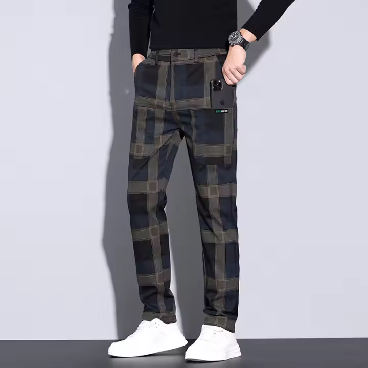 Pantalones grandes para hombre, pierna recta, elásticos, cómodos y versátiles, informales, a cuadros, primavera 2025 - 1