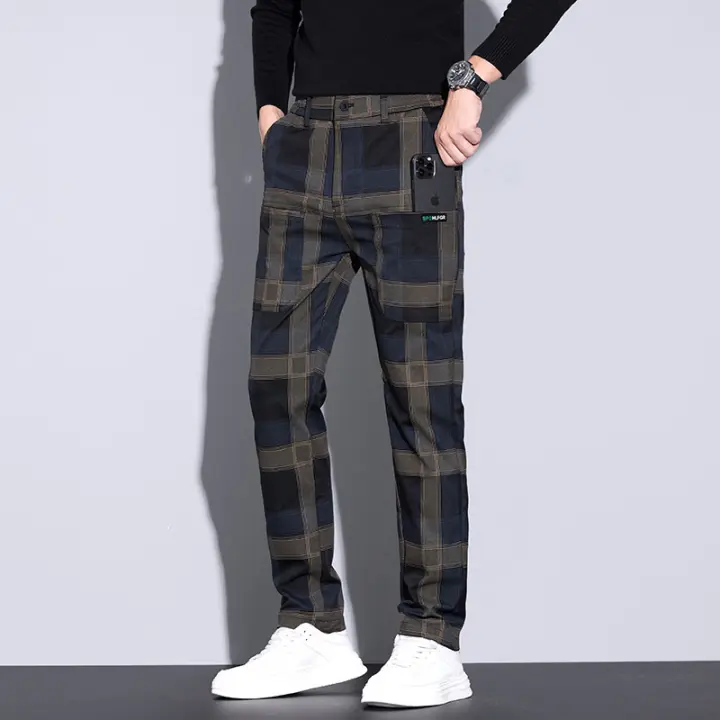 Pantalones grandes para hombre, pierna recta, elásticos, cómodos y versátiles, informales, a cuadros, primavera 2025 - 1