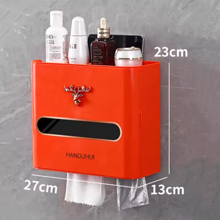 Soporte de papel higiénico con compartimentos, caja de almacenamiento de pañuelos sin perforaciones montada en la pared, estante de almacenamiento para el baño de plástico impermeable - 1