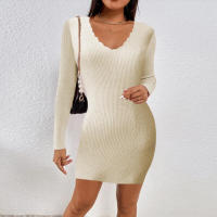 Vestido de Suéter de Punto de Manga Larga con Cuello en V Ajustado Nuevo para Mujer - details 5
