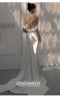 Satén francés ligero 2025 nuevo diseño de nicho de cola de novia, vestido de novia blanco estilo bosque dulce con borde trasero - details 1