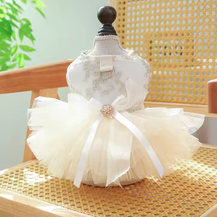 Vestido de Novia Blanco Transpirable para Cachorros Sudadera con Capucha de Encaje para Mascotas Pequeñas y Medianas - 1