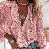 Tops cortos de verano y otoño, camisas, canalé y botones para mujer, camisa informal de manga larga con cuello en V para adultos - details 1