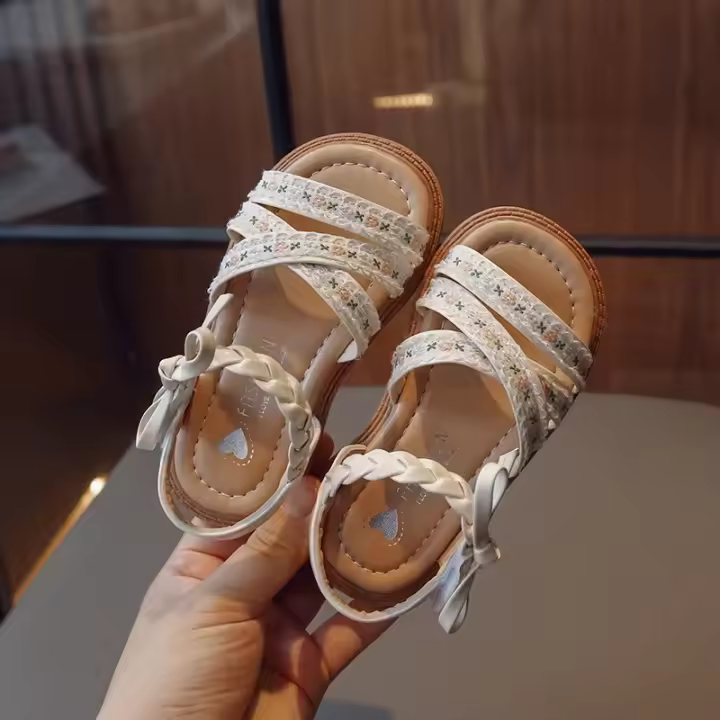 Sandalias de verano para niñas, zapatos de princesa con bordado de flores y suela suave - 1