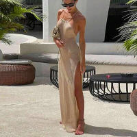 Sandalias de mujer nuevas de doble cara con abertura alta y tirantes, hermoso vestido de punto con espalda descubierta, falda de playa, moda femenina - details 0