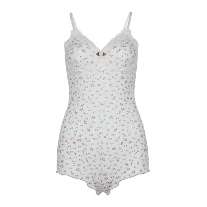 BUNO-body con adorno de encaje floral para mujer, peleles sexys ajustados y bonitos con cuello en V profundo sin mangas, ropa interior de moda de verano 2025 - 1
