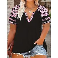 Camiseta de manga corta con estampado floral de leopardo y corte holgado informal para mujer de talla grande |     Top de verano de gran tamaño - details 5