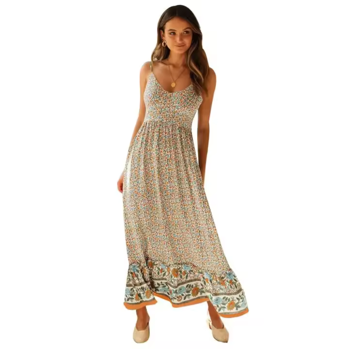 Novedad de verano, falda de vuelo grande, ropa de mujer asiática y europea americana, vestido floral bohemio con tirantes y cuello en V - 1