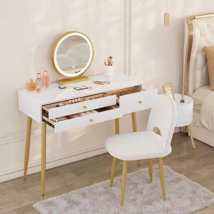 Tocador Maquillaje con Espejo de Luz Regulable en 3 Niveles, Tocador con 3 Cajones, Escritorio Grande 100x40 cm, Silla Ajustable en Respaldo de Terciopelo, Blanco+Crema+Dorado, MB6105ws - 1