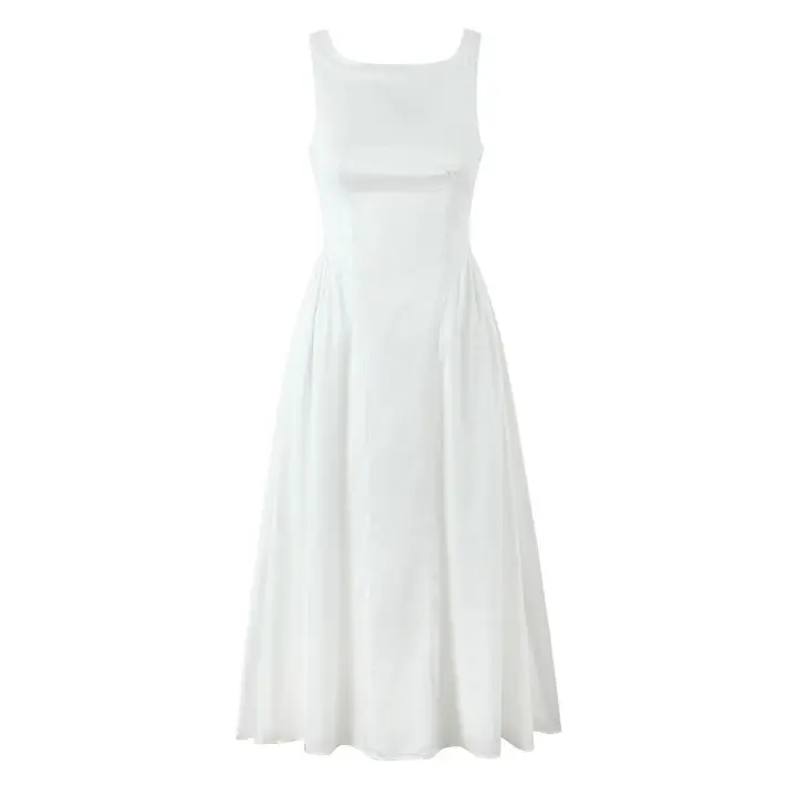Vestido midi largo sin mangas para mujer, elegante con diseño sin espalda, cuello redondo, cinturilla, corte en A, ideal para fiestas y verano - 1