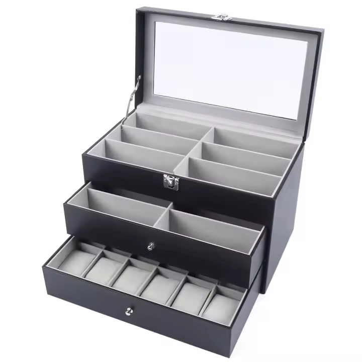 Caja de almacenamiento para relojes de piel sintética, organizador con tapa de cristal transparente para relojes y collares - 1