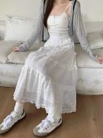 Falda Larga de Pastel Hueco Blanco Cintura Alta MIDI, Borduras con Fragmentos de Ballet, Estilo de Primavera para Damas - details 3