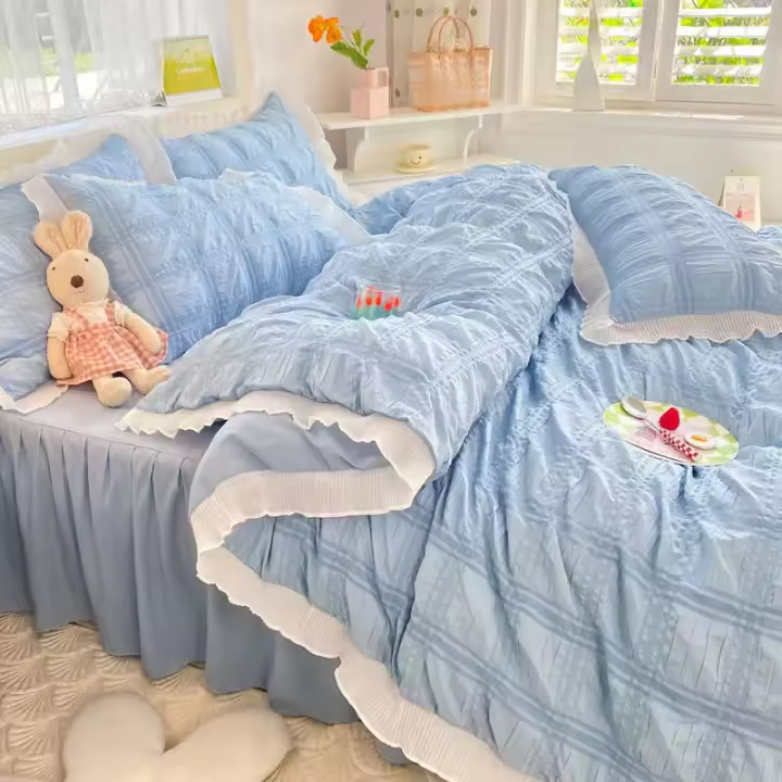 Juego de Cama de Princesa Rufa de Algodón Sólido, Funda de Cojín de Rey y Reina, Falda de Cama con Volantes para Mujeres - 1