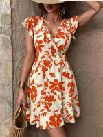 Vestido casual de verano 2024 con estampado de hojas, cuello en V y mangas con volantes para vacaciones - details 2