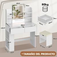 Tocador de Maquillaje con Luces LED, Brillo Ajustable, Mesa de Maquillaje con Espejo, con 2 Cajones Grandes y 4 Estantes Abiertos y Taquilla Lateral, Moderno, 90x40x135cm, Blanco - details 16