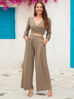 Chaqueta corta de manga larga para mujer, conjunto de 2 piezas con cuello en V, Pantalones rectos, otoño e invierno, 2023 - details 1