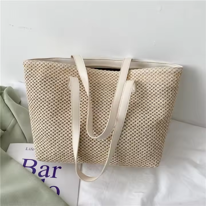 Bolso de paja de gran capacidad para Mujer, Bolsa de mimbre hecho a mano, Bolso de Playa, Bolso de hombro de paja para Vacaciones - 1