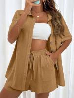Conjunto de camisa de dos piezas de color sólido con pantalones cortos de moda para mujer, informal, suelto, manga corta, una sola fila - details 3