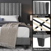 Cama tapizada con cabecera a rayas con alas de láminas de madera y metal, cama matrimonial color beige. - details 24