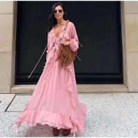 Vestido largo Irregular de gasa con volantes y escote en V profundo para mujer, Vestido holgado liso con mangas abullonadas elegantes, Vestido de calle alta para mujer 2025 - details 1
