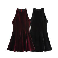 TRAFZA-Vestidos de fiesta lisos de cintura alta para mujer, Vestido corto plisado sin mangas con cuello redondo, minifalda de terciopelo a la moda, verano - details 1