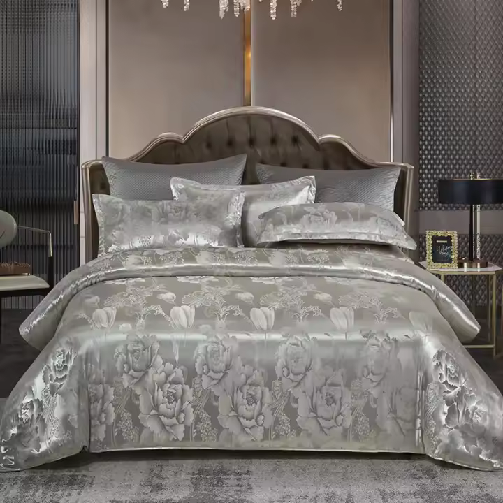 Juego de Ropa de Cama de Lujo Europeo Seta de Cama de Satén y Jaquard Gris Tamaño 220x240 - 1