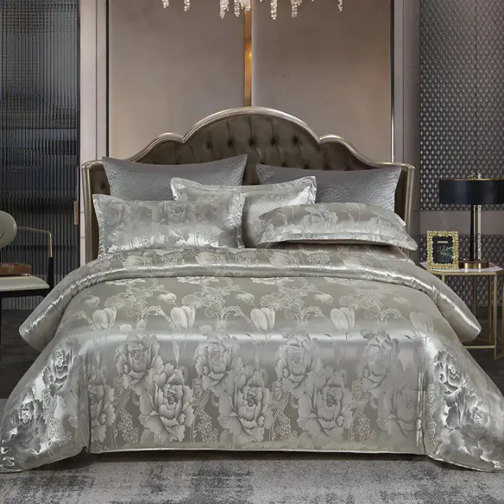 Juego de Ropa de Cama de Lujo Europeo Seta de Cama de Satén y Jaquard Gris Tamaño 220x240 - 1