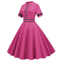 Solid women summer elegant short sleeve stand collar vintage a-line midi long party dress - details 27