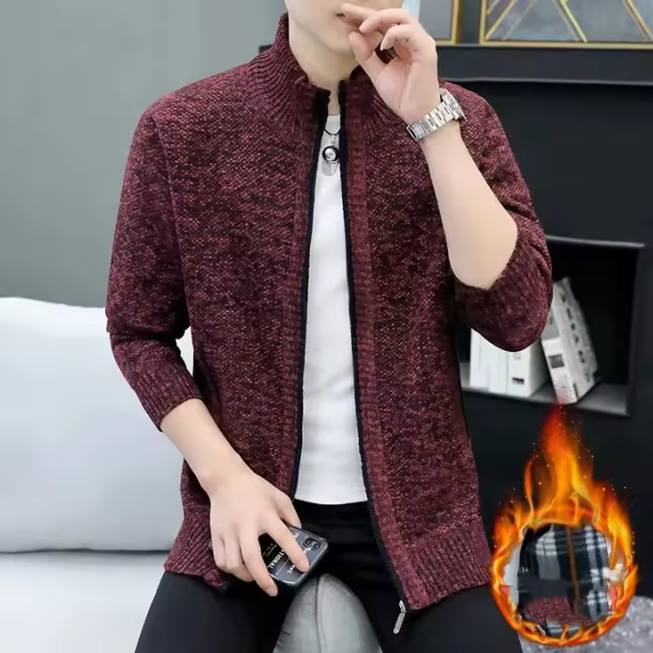 Camisa de manga larga de punto con cremallera y cuello alto para hombre, moda de otoño e invierno - 1