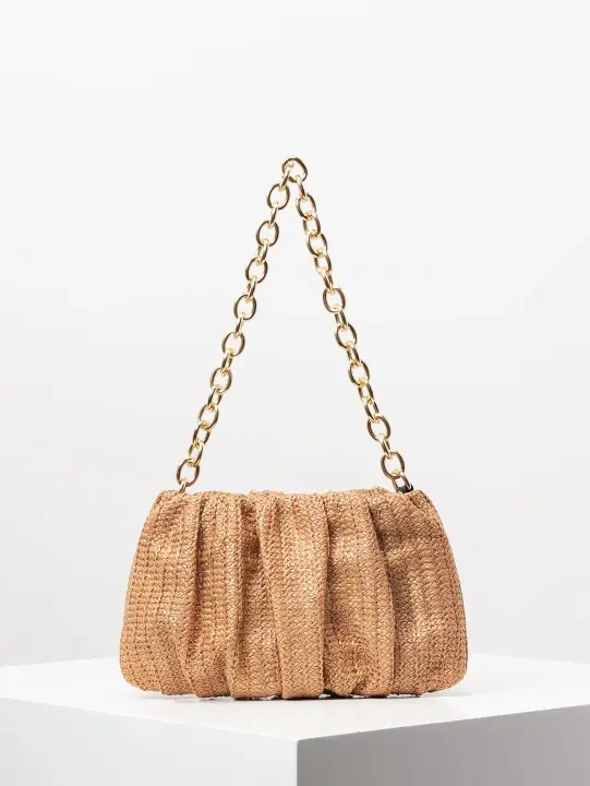 Bolso de hombro tejido Vintage, bolsa de nube plisada, bolso de cadena de Metal, monedero de paja para vacaciones de estilo playero - 1