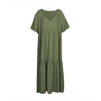 Vestido de talla grande para mujer, verano 2025, manga corta, plisado, Color sólido, informal, por debajo de la rodilla, dobladillo, vestido suelto XL-5XL - details 11