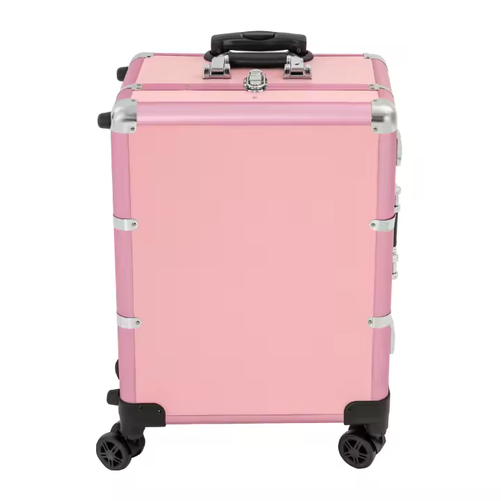 Estuche de maquillaje con lámpara, carro de belleza rosa, almacenamiento ordenado, aleación de aluminio, cuatro ruedas universales - 1