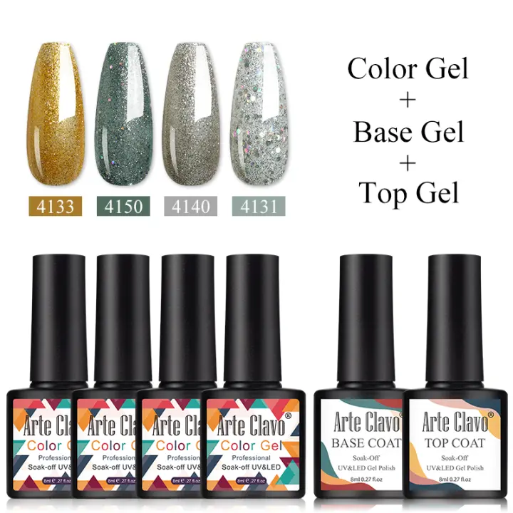 Esmalte de Uñas de Gel Arte Clavo 6Pcs Set Brillante con Lentejuelas Semi Permanente Base Top Coat Soak Off UV LED Manicura Herramientas y Equipo - 1