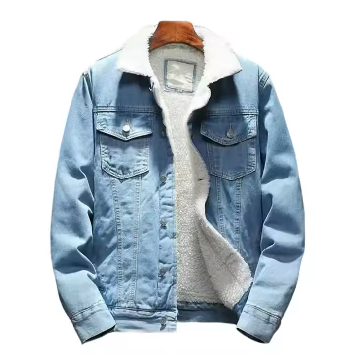 Chaqueta vaquera para hombre con forro de terciopelo, chaqueta resistente al frío de color sólido, chaqueta vaquera de un solo pecho para invierno, ropa de calle - 1