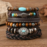 Conjunto de 6 pulseras boho madera cuentas vintage cabeza de toro ojos plumas multicapa artesanales regalos para hombre - details 6