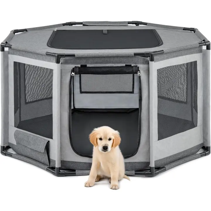 Corral para perros Lionto en tela Oxford, malla transpirable, con bolsillo lateral con cremallera, estructura de tubo de PVC, jaula octogonal para perros - 1