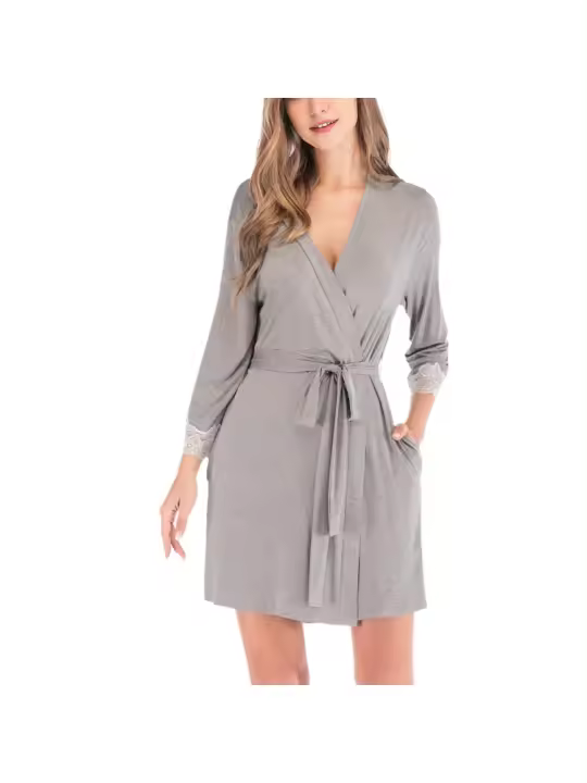 Batas para mujer Albornoz de punto Ropa de dormir suave y ligera hasta la rodilla con bolsillos Ropa de descanso S-XXL - 1