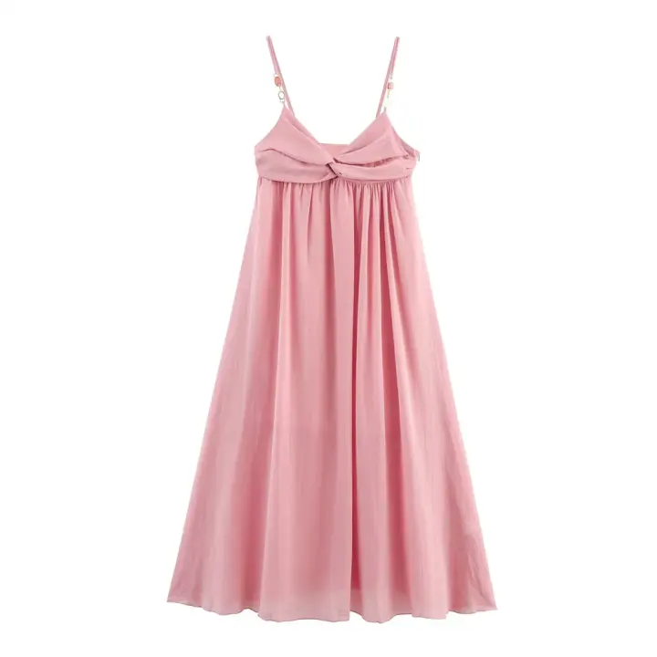 PB&ZA2025 vestido suelto sin espalda con escote en V y tirantes de dopamina de temperamento dulce falda larga nueva ropa de verano para mujer - 1