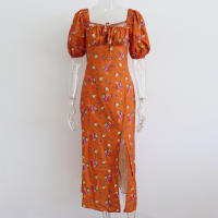 Vestido de mujer, novedad de verano 2025, vacaciones, pausa para el té, cuello cuadrado, falda de longitud media, mangas de burbuja, vestido con abertura Floral francés - details 25