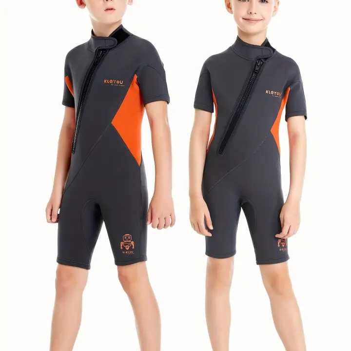 Traje de baño de manga corta para niños, cómodo traje de baño elástico con cremallera frontal para niños y niñas para nadar - 1