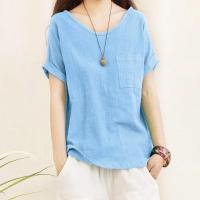 Camiseta Holgada de Lino y Algodón para Mujer Camisas de Manga Corta, Top Informal con Cuello Redondo, Verde Holgado, Top de Verano - details 3
