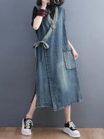 Vestidos de mujer de lujo con diseño de cinturón denim sin mangas para el verano 2023 estilo clásico de gran tamaño lavado a mano algodón forro chino - details 1