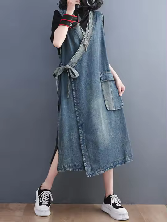 Vestidos de mujer de lujo con diseño de cinturón denim sin mangas para el verano 2023 estilo clásico de gran tamaño lavado a mano algodón forro chino - 1