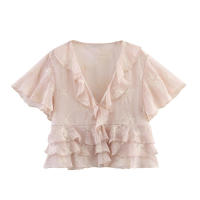 Manga Corta con Cuello en V Bordado Decorativo Capas para Mujer de Moda de Verano Semitransparente - details 1