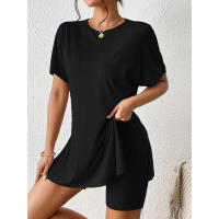 Conjunto de Dos Piezas Cómodo de Color Sólido Manga de Bato, Cuello Redondo, Shorts Ajustados para Mujeres - details 13