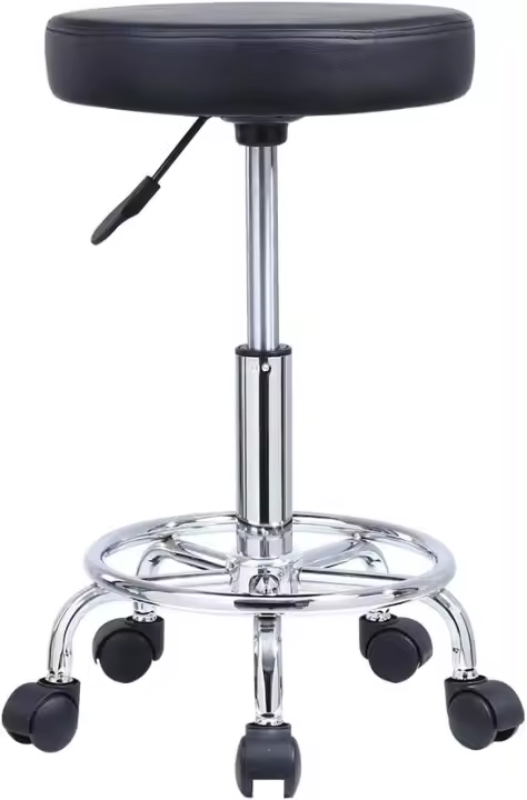 Taburete Redondo de Cuero PU reposapiés Ajuste de Altura Giratorio Medical SPA salón taburetes de Masaje Silla de Trabajo Color Negro - 1